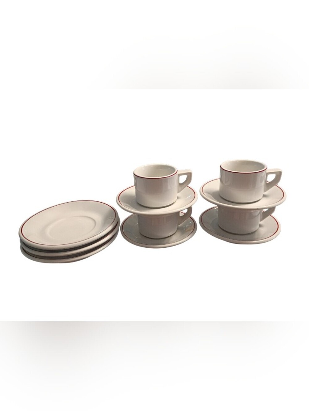 ACF Ceramic Cup & Saucer Set, White with Red Rim, Round, 4 Cups 7 Saucers
